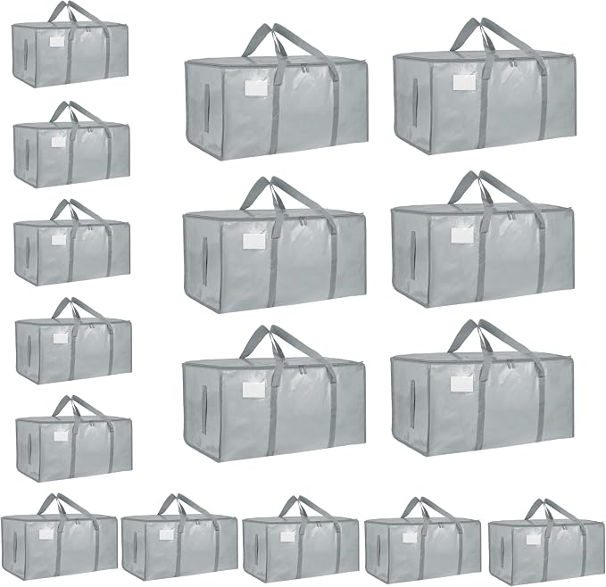 16 Pack-Extra Large Heavy Duty Moving Bags - Waterproof Storage Totes with Handles & Zippers, Foldable for College Dorm, Storage (light gray) by Unknown