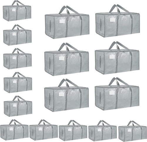 16 Pack-Extra Large Heavy Duty Moving Bags - Waterproof Storage Totes with Handles & Zippers, Foldable for College Dorm, Storage (light gray) by Unknown