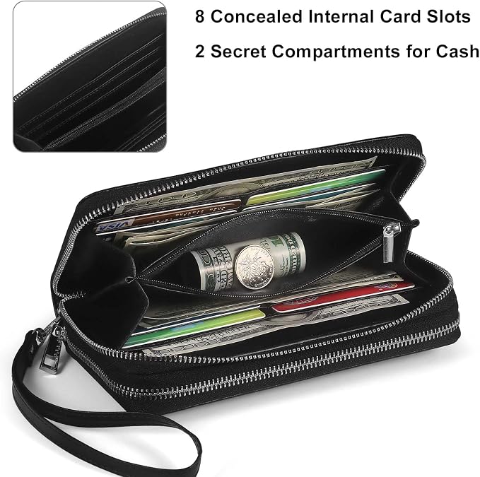 Double Zipper Wallet for Women RFID Blocking Cellphone Wristlet Large Size Multi Card Clutch Purse with Removable Strap, Black - Image 4