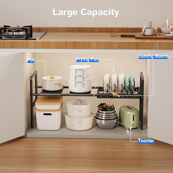 Mustorn Pots and Pans Organizer Under Cabinet, Expandable 1 Tier Under Sink Organizers and Storage Adjustable Height Kitchen Pot and Pan Lid Holder Rack with 6 Dividers Under Cabinet Shelf(Black) - Image 3