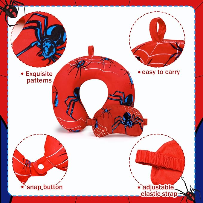 Gilprop 2 Pcs Spider Travel Pillow with Sleep Eye Mask, U Shaped Memory Foam Headrest & Neck Pillow with Washable Cover, Soft Neck Head Support Travel Accessories for Airplane Car Train Bus Trips - Image 4