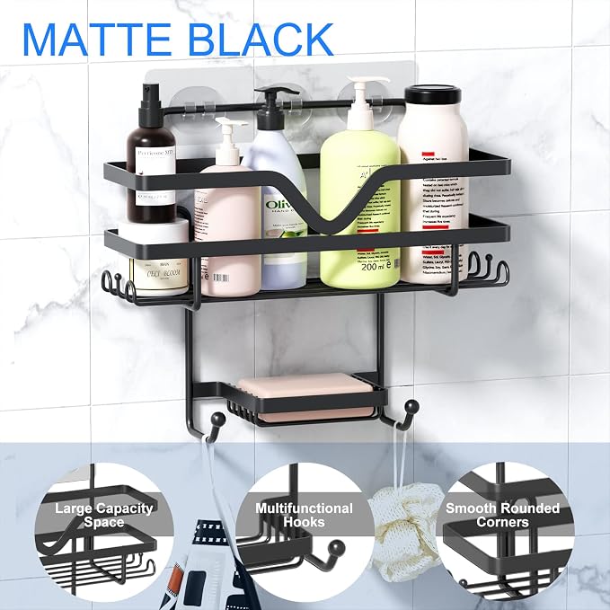 Adhesive Shower Caddy No Drilling Bathroom Organizers, 3 Pack | Self Adhesive Shelf Organizer Rack, Rustproof Shower Storage Rack with Soap Dish, Side Hooks, Large Capacity Bathroom Storage - Image 5
