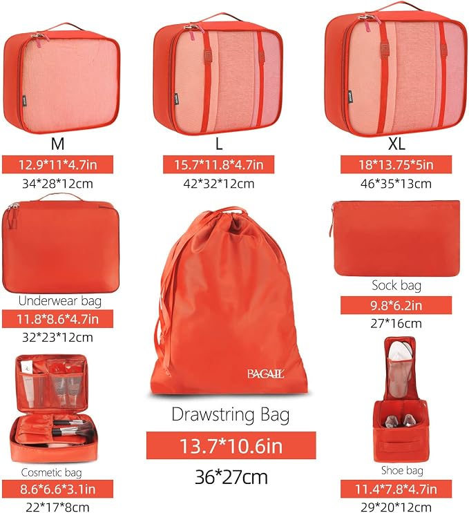 BAGAIL 8 Set Packing Cubes Luggage Packing Organizers for Travel Accessories-Orange - Image 2