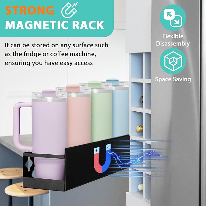 Magnetic Water Bottle Organizer for Fridge, Magnetic Cup Holder for 30 40 Oz with Tumbler Lid & Straw Organizer & Caffee Bar Holder, 8 Tumblers Kitchen Storage Rack for Cup Accessories, Space-Saving - Image 3