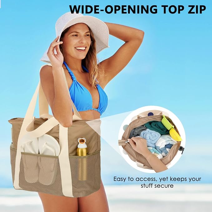 Fammart Mesh Beach Bag for Women, Large Beach Toy Pool Bag with Zipper Pocket, SandProof Cruise Essentials 2026 Family Travel - Image 6