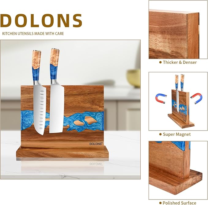 Magnetic Knife Block,Acacia Wood And Resin Kitchen Magnetic Knife Holder，Equipped with strong magnets,Multifunctional Double Side Knife Storage Organizer for Kitchen Counter ，Gifts for new home - Image 8