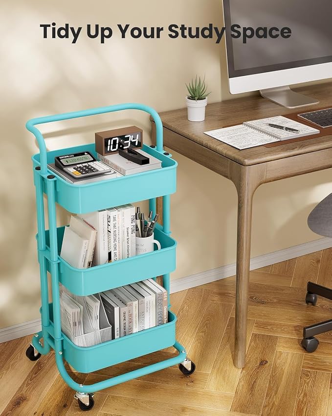 Pipishell Metal 3 Tier Rolling Cart with Handle & Wheels, Turquoise | Four Large 2" Wheels for Easier Movement, Sturdy Metal, Hold 22 lbs per Shelf, Ventilated Mesh Design, for Office and Kitchen - Image 7