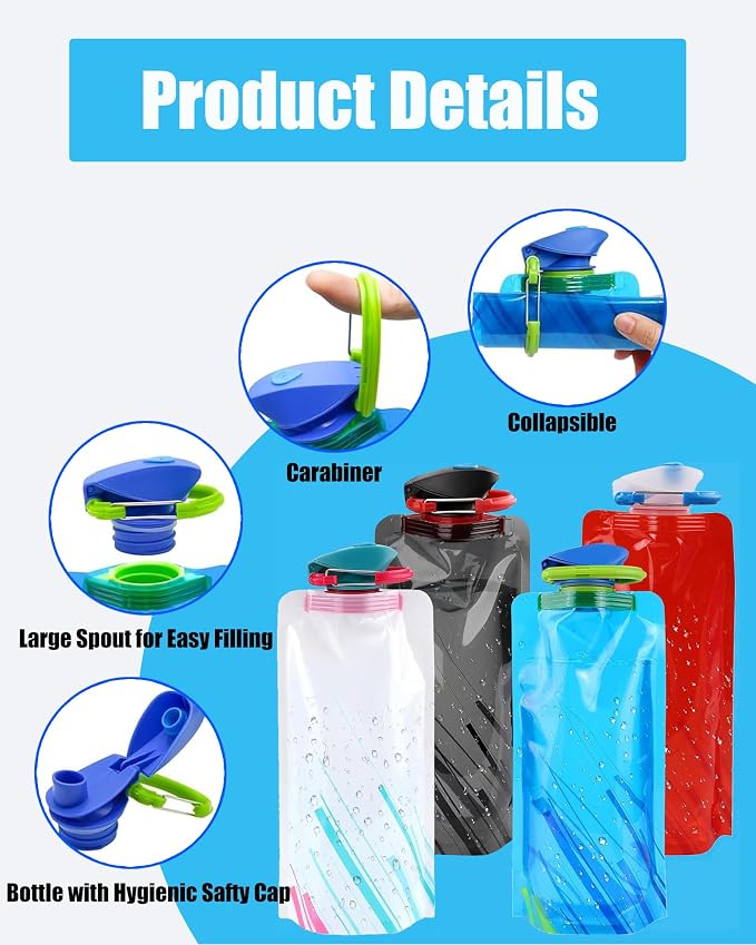 4 Pack Collapsible Water Bottle with Carabiner, 23oz Foldable Reusable BPA-Free Water Bottles with Leakproof Lid for Traveling Hiking Camping Biking - Image 2