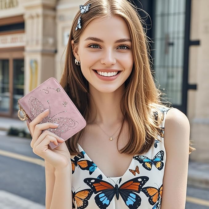 KITEVIUN Women RFID Blocking Small Bifold Wallet, Compact Cash Clutch with Zipper Coin Pocket, Glittery Butterfly Design, Credit Card Holder, Travel Purse with Tassel PURPLE - Image 2