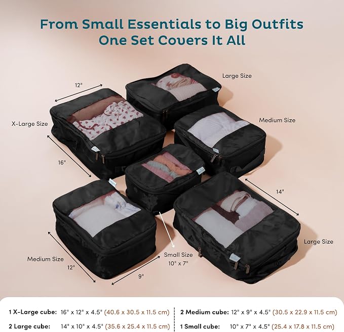6-Pack Large Compression Packing Cubes for Travel - Lightweight Compression Packing Cube Set, Water-Resistant Luggage Organizer Bags & Suitcase Organizers, Travel Cubes for Carry-On, Checked Luggage - Image 3