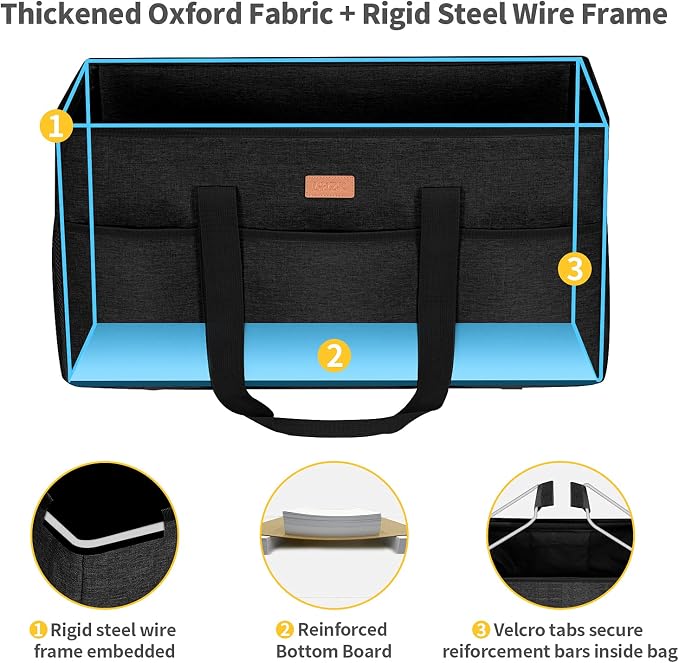 LHZK Stand Up Extra Large Utility Tote Bag with Lid, Utility Tote Bag with Metal Wire Frame and the Sides Rinforced, Reusable Grocery Bags Foldable, Beach Bag, Car Tote (Black) - Image 4