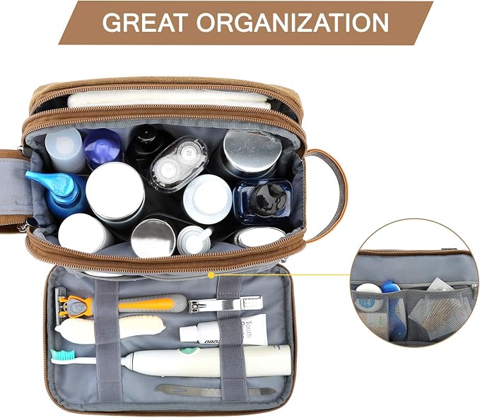 BAGSMART Toiletry Bag for Men, Canvas Travel Toiletry Organizer Dopp Kit Water-resistant Shaving Bag for Toiletries Accessories,Khaki-Medium - Image 2