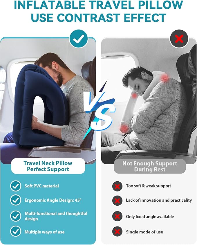 Inflatable Travel Pillow, Airplane Neck Pillow Comfortably Supports Head and Chin for Airplanes, Trains, Cars and Office Napping with 3D Eye Mask, Earplugs and Portable Drawstring Bag (Blue) - Image 5