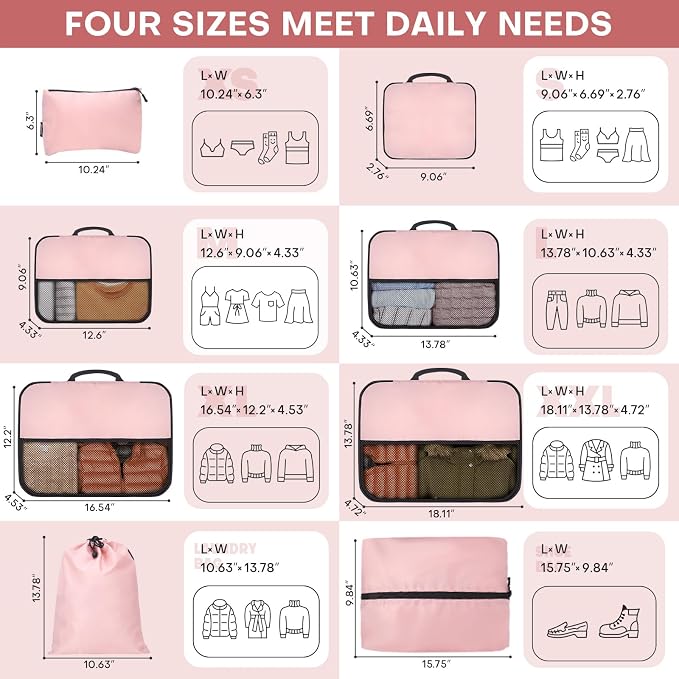 SDGFUI 8 PCS Compression Packing Cubes for Travel Women, Compression Bags Organizer for Luggage Space Saving Travel Essentials and Carry on, Luggage Organizer Bags for Suitcase - Pink - Image 2