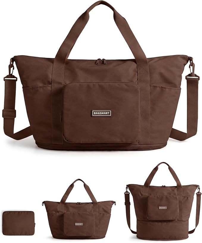 BAGSMART Foldable Travel Bag, 37L Expandable Personal Item Bag, Chocolate | Airline Approved Personal Carry-on Size, Fits Under-seat, Trolley Sleeve, Backup Bag for Travel, Vacation, Overnight by BAGSMART