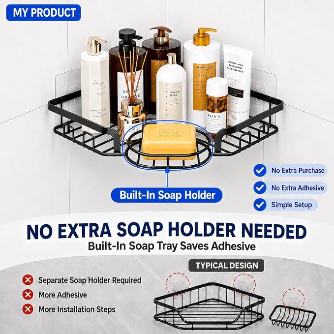 Corner Shower Caddy, Rustproof Shower Organizer with Soap Holder and 8 Hooks, No Drilling Adhesive Shower Shelves for Inside Shower, Large Capacity Shower Rack for Bathroom Shower Storage, X-Large - Image 5