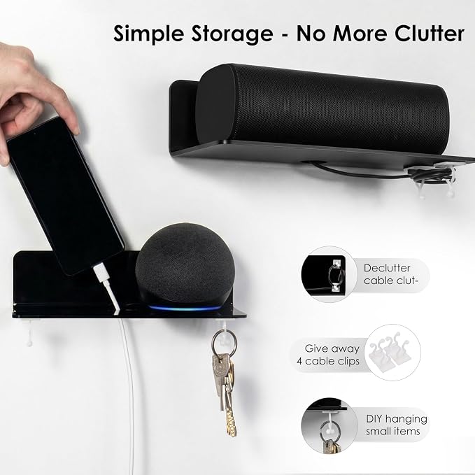 OAPRIRE Acrylic Floating Wall Shelves Black, No Drill, 9 Inch 2 Pack | Strong Tape Adhesive Wall Shelf, Easy Installation, Hole Design with Cable Clips, Small Spaces Bedroom Bathroom Living Room - Image 6