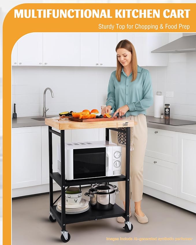 Mythinglogic Foldable Kitchen Storage Cart, 3-Tier Rolling Cart with Solid Oak Top, Heavy-Duty Metal Utility Rack for Microwave, Pots, Dish Set, Meal Prep Area, Kitchen Island on Lockable Wheels - Image 6