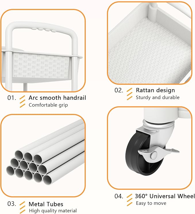 MOYIPIN 4-Tier Plastic Rolling Utility Cart with Handle,White | Utility Storage Cart for Office, Living Room, Kitchen,Movable Storage Organizer，Easy installation，Rattan-like art design - Image 4