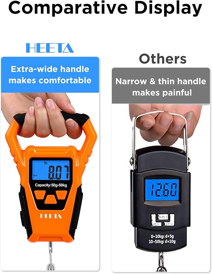 HEETA Waterproof Fish Scale Digital Hanging Fishing Luggage Weight Scale | Up 110lb/50kg Portable Scale with Backlit LCD Display, for Home & Outdoor, Measuring Tape and 2 AAA Batteries Included - Image 6