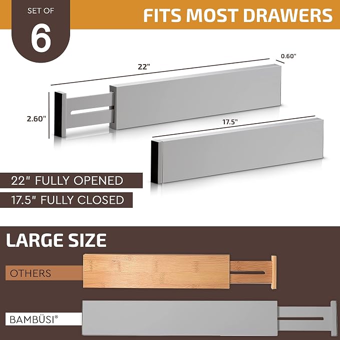 Bambüsi Bamboo Drawer Dividers 6 Pack - Deep Drawer Organizer, Adjustable 16 to 22 Inch Expandable Dividers, 2.6 Inch High Wood Separators for Kitchen, Clothes, Bedroom, Bathroom, Office - Grey | Bamboo, Spring Loaded, No Tools Needed, Fits Wide Drawer... - Image 8
