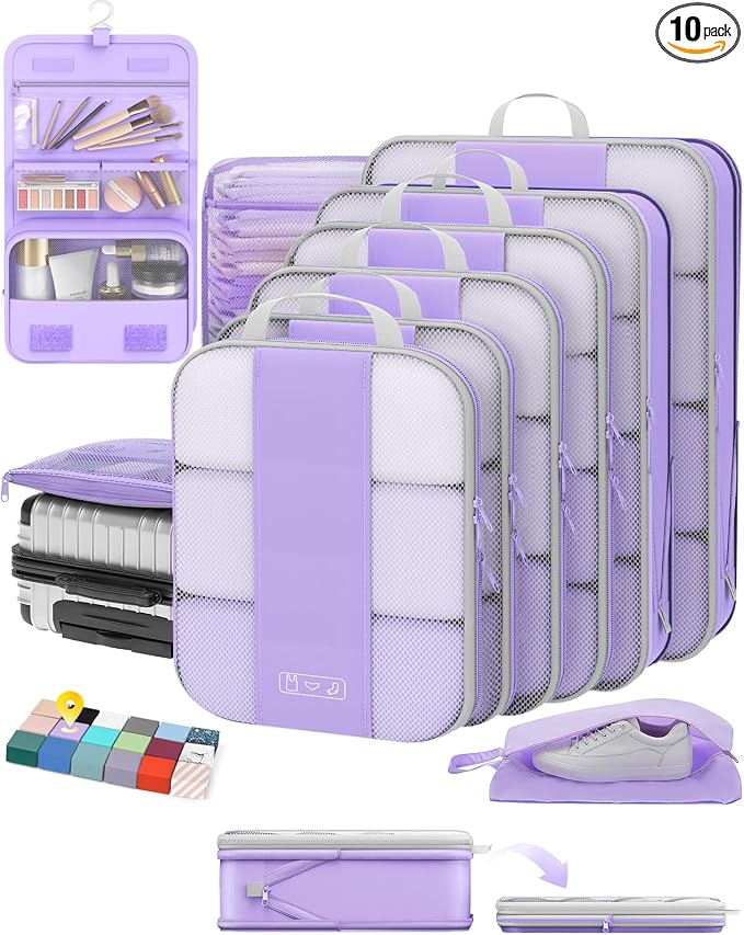 OlarHike 10 Set Compression Packing Cubes for Travel Essentials,Compressible Expandable Space Saver Bags for Organizing Clothes,Luggage Garment Bags with Over 1000 pcs Mesh Holes(Light Purple) by OlarHike