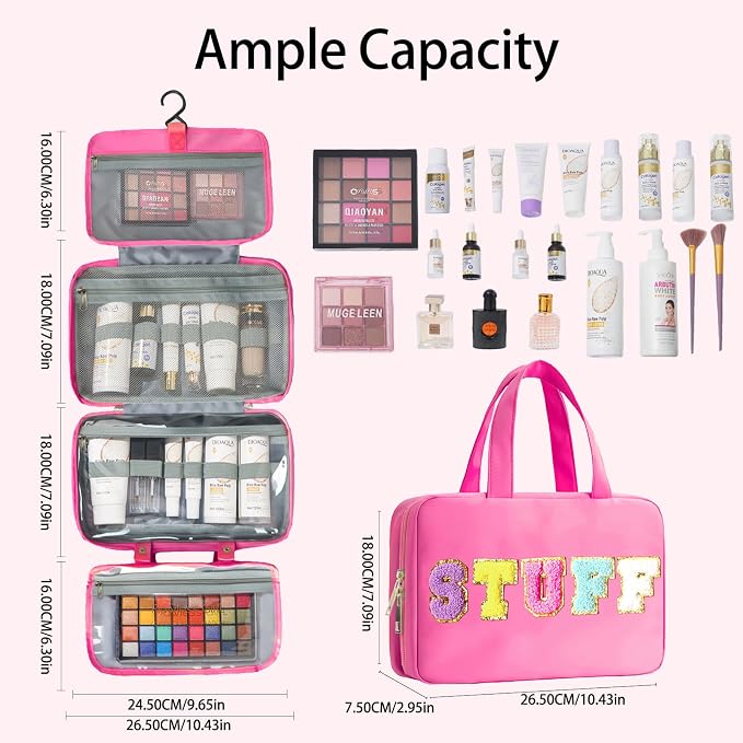 Toiletry Bag with Hanging Hook Chenille Letter Cosmetic Bag Spacious Travel Bag Water-resistant Makeup Bag for Store Toiletries Cosmetic Accessories and Sets for Women Rose Red - Image 4