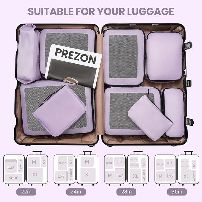 Mesh Packing Cubes for Travel, Durable Luggage Organizer with Sturdy Material and Double Zippers, Comprehensive Set for Travel Accessories Storage, 10 set, purple - Image 7