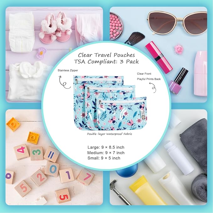 HIONXMGA Set of 3 Clear Travel Toiletry Bag, TSA Approved, Quart Size S/M/L | Clear Front Zipper Pouches Waterproof Cosmetics Bags for Women Kids Toiletries Baby Essentials Well-Organized Carry, Floral - Image 5