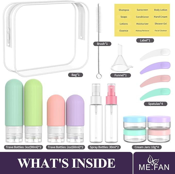 ME.FAN Travel Bottles for Toiletries,18 Pack Silicone Portable Size Bottle, TSA Approved Refillable Cosmetic Container Kits for Conditioner, Shampoo, Lotion,Face Cream - Bright - Image 2