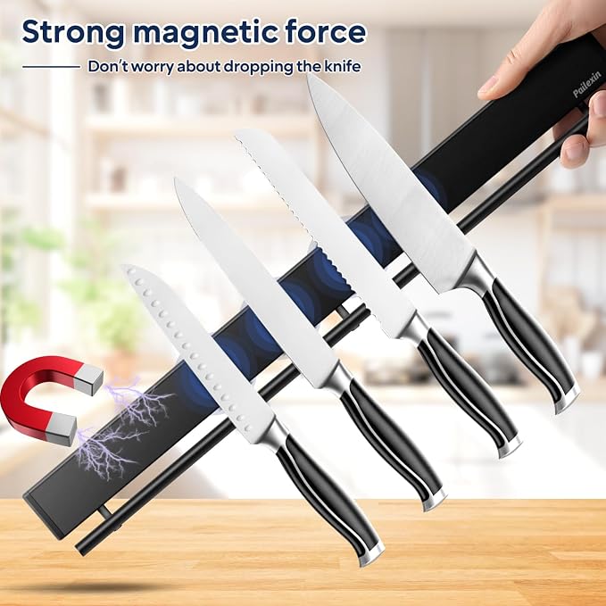 23 inch magnetic knife holder with 15 hooks, No Drilling black knife magnetic strip and utensil hanger for wall, Powerful knife magnet rack include tape and screws - Image 4