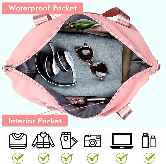 Travel Bag for Women Expandable Weekender Overnight Bag Carry on Sports Tote Gym Bag Waterproof Foldable Duffel Bag (Pink) - Image 6
