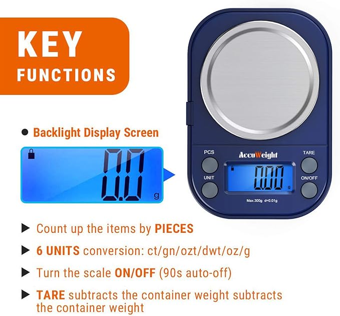 AccuWeight Digital Gram Scale with 300g/0.01g Small Pocket Coffee Scale with High Accuracy, Jewelry Scale with Tare and Calibration for Kitchen Food Scale - Image 2