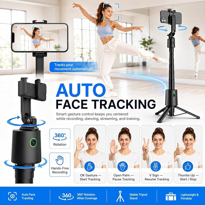 70" Auto Face Tracking Tripod, 360° Smart Phone Holder with Wireless Remote, Selfie Stick for iPhone Android, No App Needed, Video Recording Vlogging Live Streaming - Image 2
