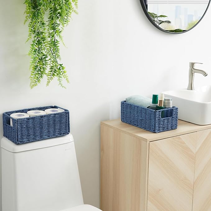 Wicker Storage Basket, Set of 2 Hand-Woven Paper Rope Wicker Basket, Small Storage Baskets for Organizing Toilet Paper, Foldable Large Cube Storage Organizer Bins for Shelves (Blue) - Image 5