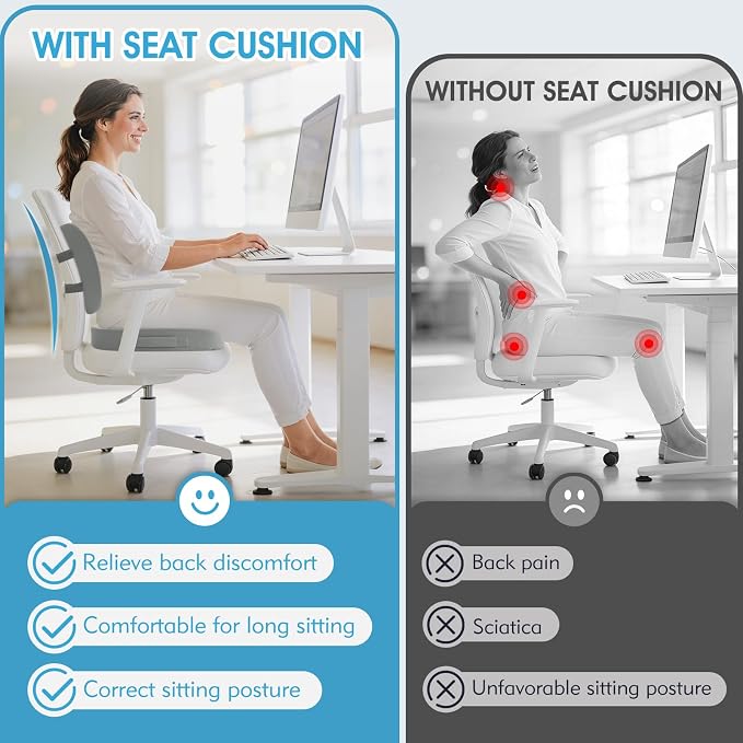 CushZone X-Large Seat Cushion and Lumbar Pillow for Office Chair Light Grey | Thick Memory Foam for Sciatica Pain Relief & Posture Correction, Non-Slip Chair Cushions for Car, Wheelchair and Travel - Image 3
