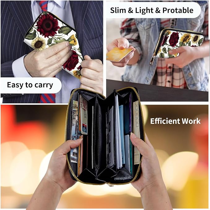Wallet,Leather Long Wallet Suitable For Ladies And Teenagers - Detachable Wristband + RFID Travel Wallet With Card Slot - Roses Sunflower - Image 7