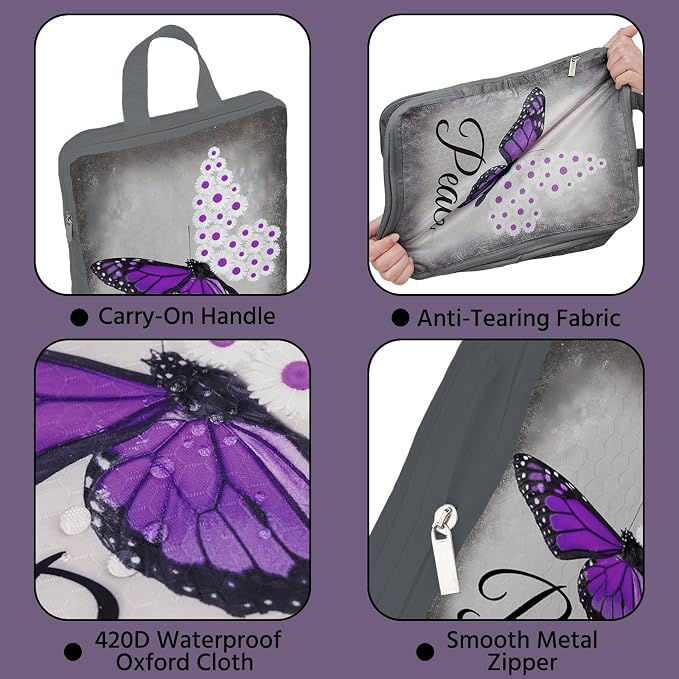 6 Pcs Compression Packing Cubes Waterproof Suitcase Travel Bag Luggage Backpack Organizer Travel Cubes for Packing-Purple Butterfly - Image 2