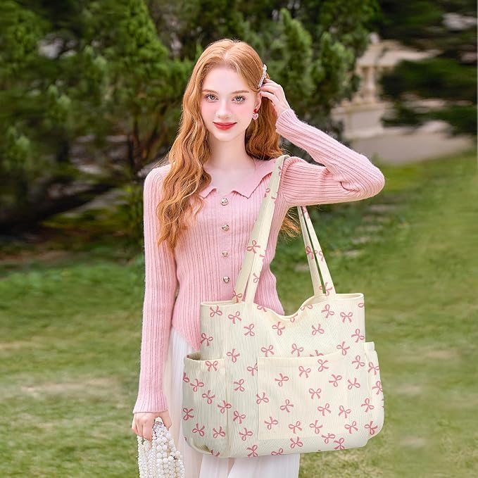 Corduroy Tote Bag for Women,Large Capacity Cute Tote Bags With 6 Pockets,Crossbody Shoulder Handbag for Work Travel Gym - Image 3