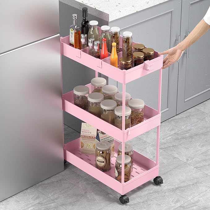 3 Tier Rolling Cart with Wheels, Storage Craft Art Trolley Organizer Serving, 3 Hanging Baskets Easy Assembly, for Office, Living Room, Kitchen, Pink - Image 4