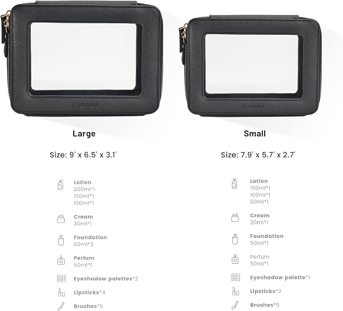 Aveniee Clear Makeup Bag Set,Portable Travel Toiletry Bag Cosmetic Case for Women,Vegan Leather Make Up Pouch Organizer Car Bag for Essentials 2pcs,Middle & Large,Black - Image 2