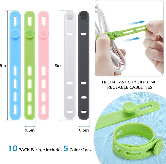 Silicone Cable Ties, Cord Organizer Ties, Cord Ties Reusable, Cord Wrap Cable Organizer 5Inch Cable Management 10 Pcs (5 Color) Cbfoeyk - Image 2