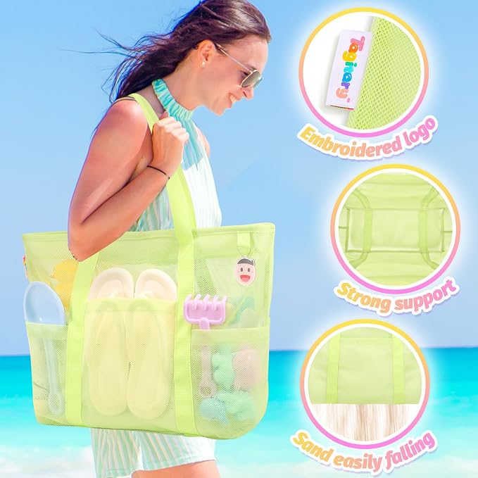Tagitary Mesh Beach Bag with Zipper Large Beach Tote Waterproof Sandproof with 8 Pockets for Toys Pool Bag Beach Accessories - Image 2
