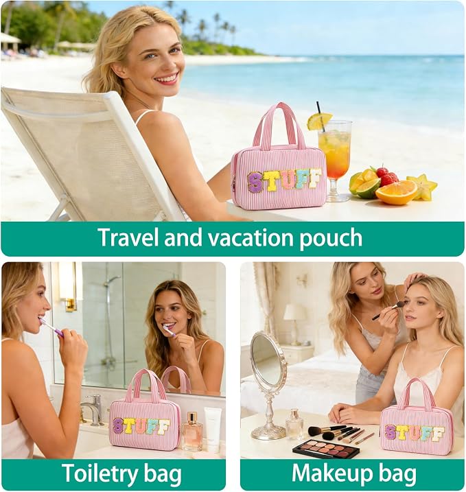 Travel Toiletry Bag for Women Chenille Letter Cosmetic Bag Fashion Stripes Water-resistant Makeup Bag with Hanging Hook for Store Toiletries Cosmetic Accessories Medium Pink - Image 6