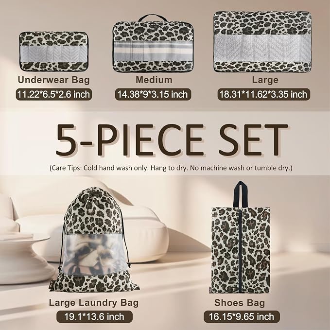 U+U 5 Set Packing Cubes, Travel Organizers with Shoe Bag (Leopard) | Ultralight Design & Easy Travel Organization - Image 3