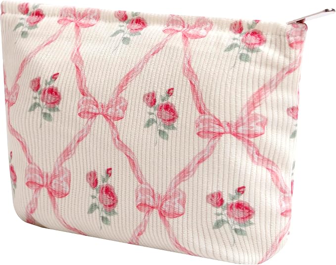 Cosmetic Bags for Women - Corduroy Cosmetic Bag Aesthetic Women Handbags Purses Smile Dots Makeup Organizer Storage Makeup Bag Girls Case Bags (Flowers-Bow) by Gardsell