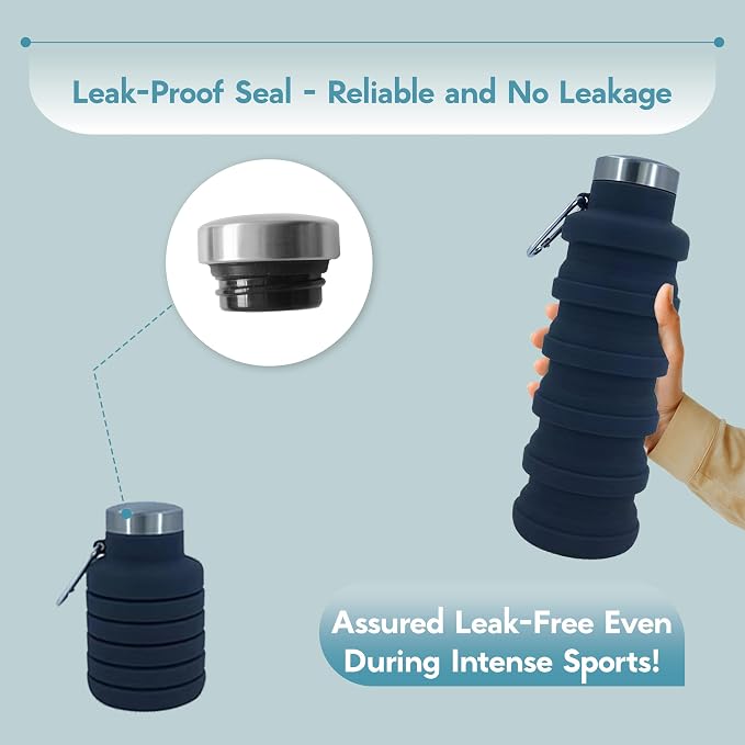 Collapsible Water Bottles 24oz, Odorless BPA-Free Silicone, Leak-Proof Foldable Reusable Bottle - Perfect for Travel Sports Gym Hiking Camping Cycling - Dark Gray - Image 3