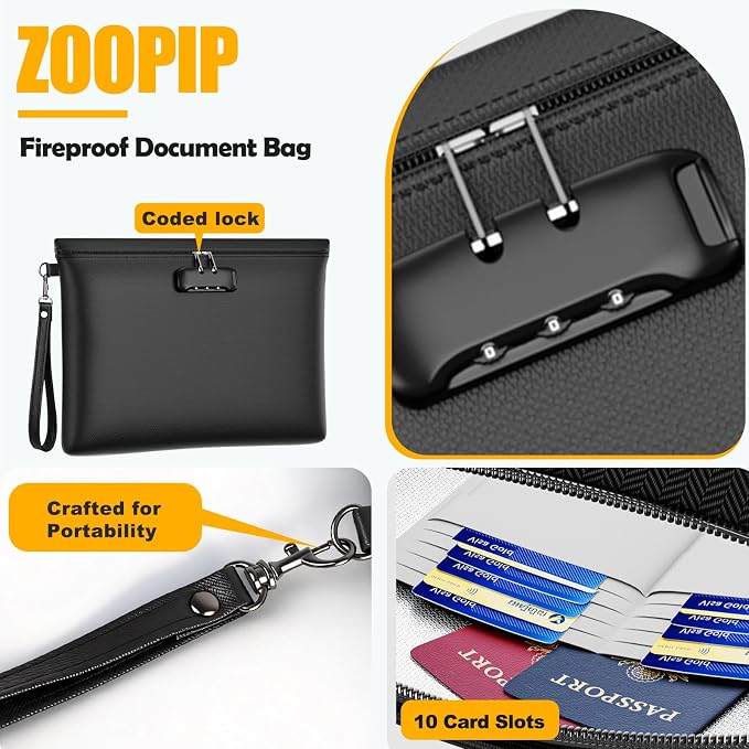 5200℉ Fireproof Document Bag with Lock,Money Pouch,14.3"x10.2" | Waterproof,Zipper Closure, Portable Safe Storage for Letter Size Files, Cash, Cell Phone, Tablet, Card, Passport, Black - Image 4