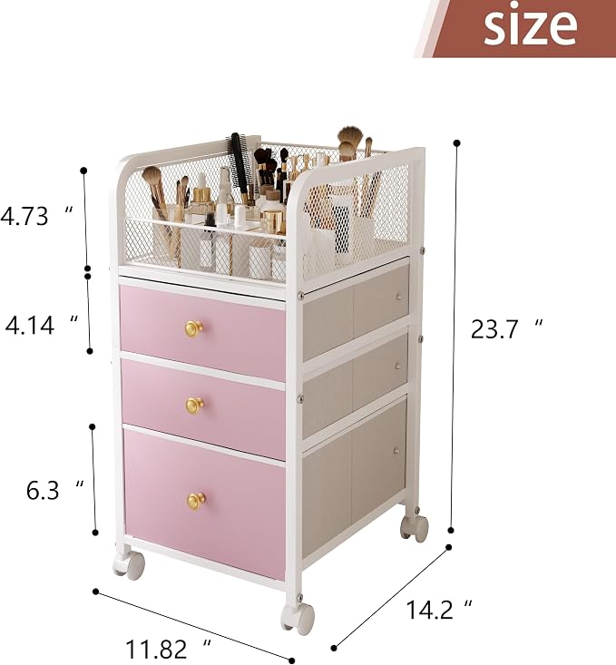 Rolling Makeup Vanity Cart Makeup Organizer with Drawers for Girls | Vanity Cart Bathroom Storage Cart Cosmetic Vanity Display Cases Holder for Nail Polish Brush Hair Tool - Image 2