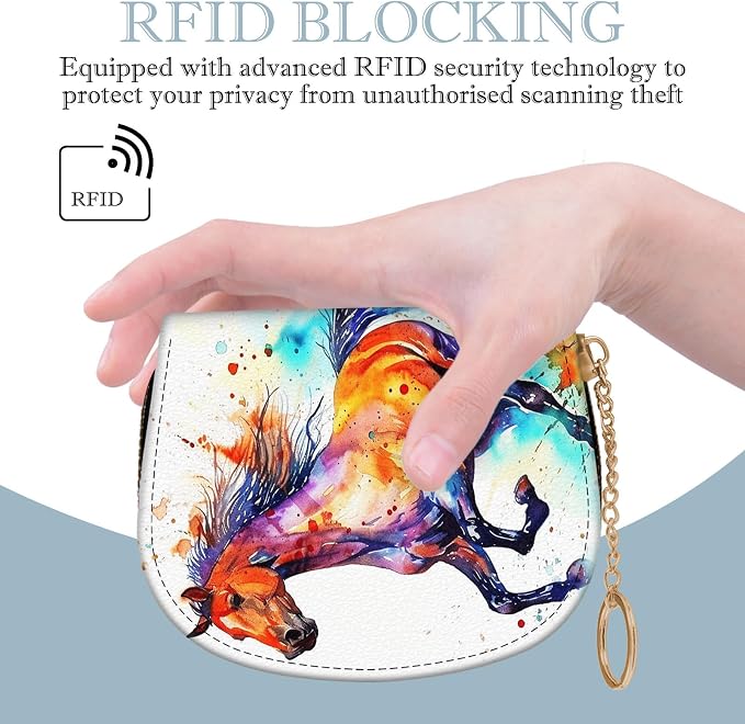 Women's Slim RFID Wallet – Compact Leather Card Holder Wallet for Women, 9 Card Slots RFID Blocking Credit Card Organizer, Small Travel Wallet - Watercolor Horse - Image 5